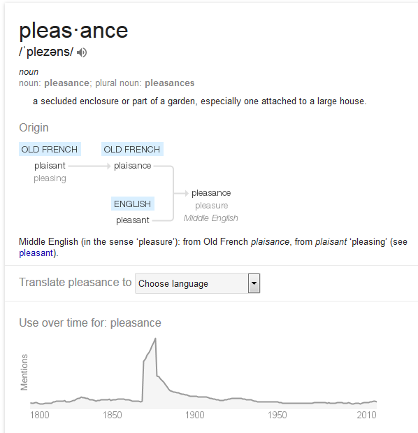 Kristin Holt | Pleasance? Is that a real name?. Defintion of "pleasance". Courtesy of Google. Note the frequency of usage throughout the late 19th century and the spike circa 1870 to 1875 or so. Not super convenient, given my heroine was born much earlier than that, as her romance is set in 1878, but it'll do. The word was obviously known.