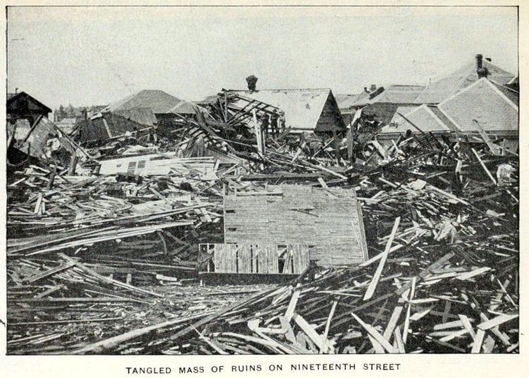 Kristin Holt | Great Hurricane, Galveston, TX (September 8, 1900). Vintage photograph (1900) labeled: Tangled Mass of Ruins on Nineteenth Street. Galveston, Texas. Image courtesy of Click Americana.