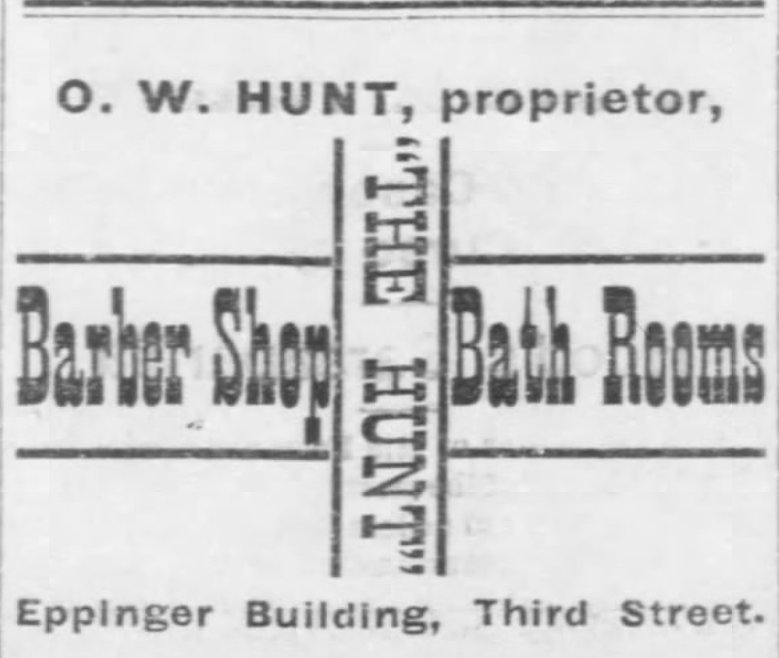 Kristin Holt | Old West Barber Shop. "The Hunt", O. W. Hunt proprietor, offers Bath Rooms in his Barber Shop. Advertised in Burlington Republican of Burlington, Kansas. July 12, 1888.