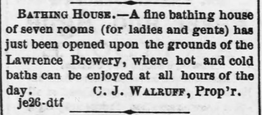 Kristin Holt | Old West Bath House. C J Walruff, Proprietor advertises a fine bathing house of seven rooms (for ladies and gents), with hot and cold baths can be enjoyed at all hours. Seen in The Daily Kansas Tribune of Lawrence, Kansas on July 12, 1870.