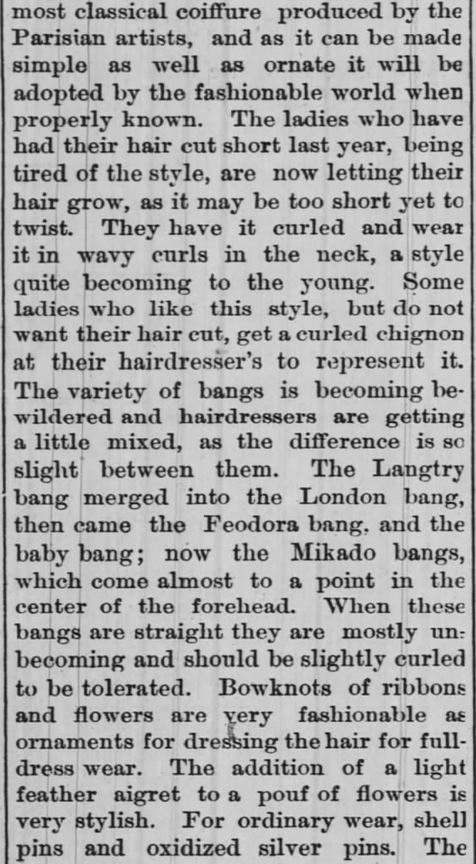 Kristin Holt | Styling Ladies' Hair, American 19th Century. Dressing the Hair, Part 2, The Daily Democrat of Huntington, Indiana, on May 24, 1886.