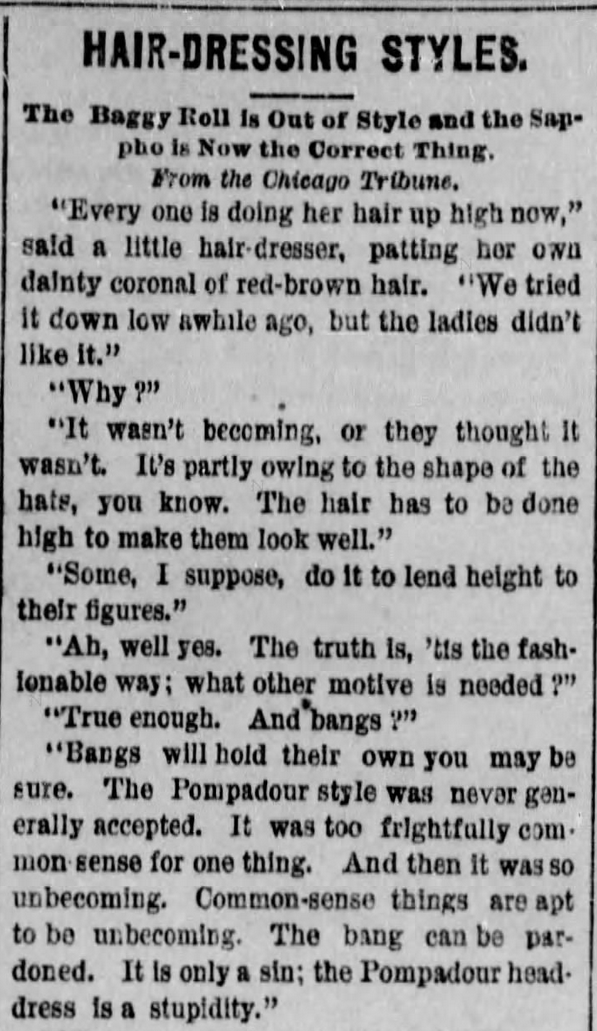 Kristin Holt | Styling Ladies' Hair, American 19th Century. Hair Dressing Styles for 1887 published in The Des Moines Register of Des Moines, Iowa on February 20, 1887.
