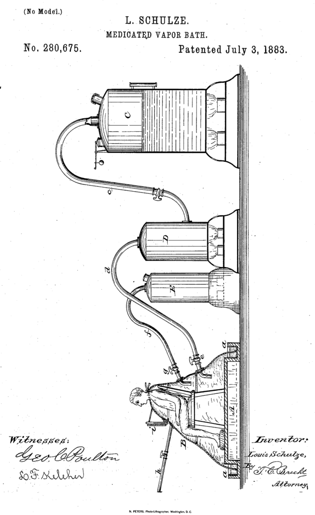 Kristin Holt | Old West Bath House. US Patent No 280675, awarded July 3, 1883 to L. Schulze: Medicated Vapor Bath. Original illustration.