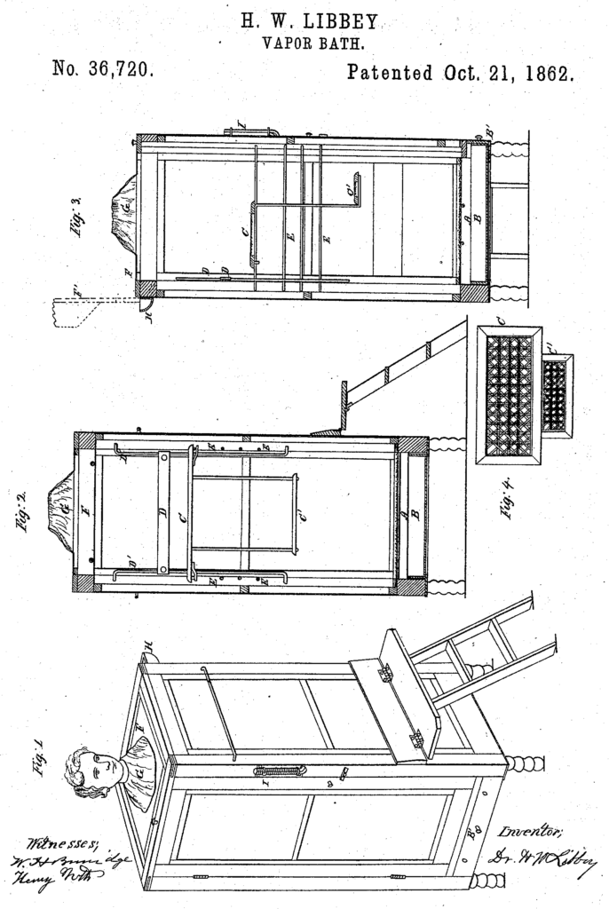 Kristin Holt | Old West Bath House. Vintage illustration for US Patent No 36720, H. W. Libbey Vapor Bath, Patented October 21, 1862.
