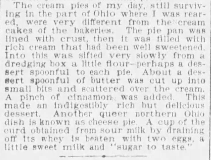 Cream Pie Recipe found in The Pittsburgh Press of Pittsburgh, Pennsylvania, on August 13, 1900.
