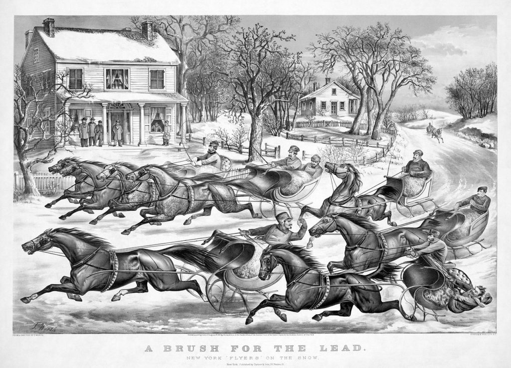 Kristin Holt | How to Conduct a Victorian Sleigh Ride. "A Brush for the Lead", lithograph by Currier and Ives, 1867. In the song, the lyrics compare a sleigh ride to a "picture print by Currier and Ives". [Image: Public Domain, courtesy of Wikipedia]