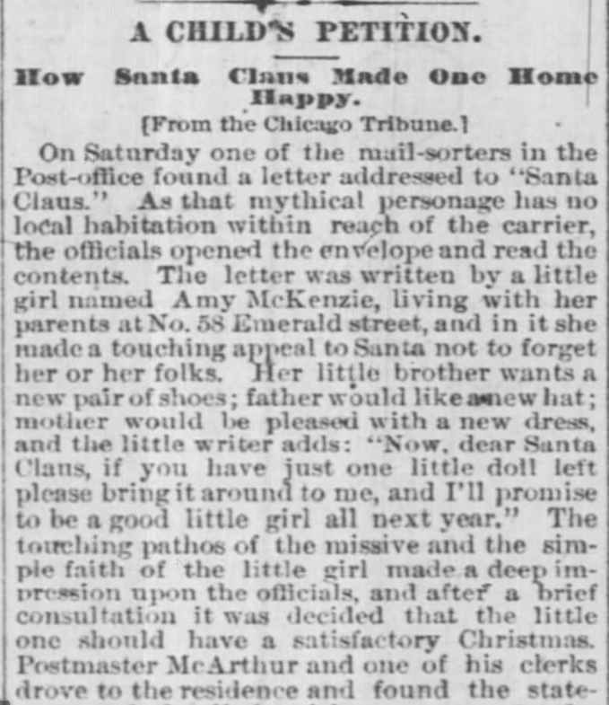 Kristin Holt | Victorian Letters to Santa. The Cincinnati Enquirer of Cincinnati, Ohio, on December 28, 1876. Part 1 of 2.