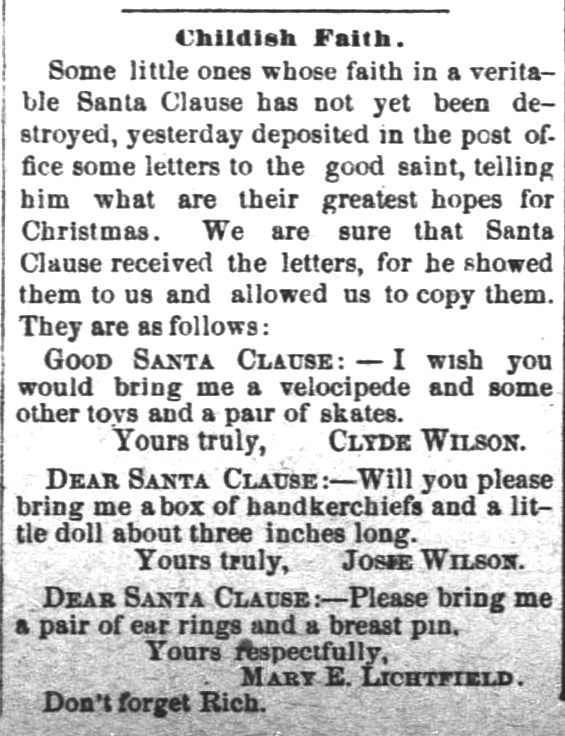 Kristin Holt | Victorian Letters to Santa. Lawrence Daily Journal of Lawrence, Kansas, on December 22, 1880.