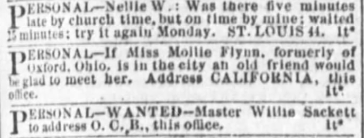 Kristin Holt | Victorians Flirting... In the Personals? The Cincinnati Enquirer of Cincinnati, Ohio on February 1, 1875.
