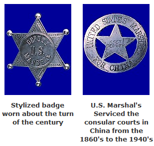 Kristin Holt | U.S. Marshals: In the Beginning. Image: Historic U.S. marshal Service Badges. On the left: stylized badge worn about the turn of the century. On the right: U.S. Marshal's Serviced the consular courts in China from the 1860's to the 1840's. Image courtesy of USMarshals.gov.