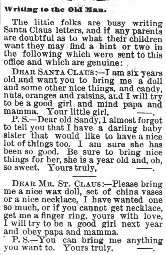 Kristin Holt | Victorian Letters to Santa. The Charlotte Observer of Charlotte, North Carolina, on December 23, 1879.