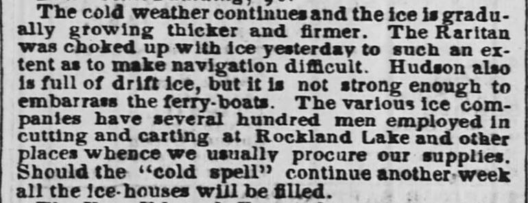 Kristin Holt | Nineteenth Century Ice Cutting, Part 1. Cold weather brings ice cutting on the Hudson River. From The Baltimore Sun of Baltimore, Maryland, February 20, 1858.