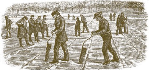 Kristin Holt | Nineteenth Century Ice Cutting, Part 2. Vintage illustration: Men sawing and breaking off the blocks of ice. From Scribner's Monthly, August 1875.