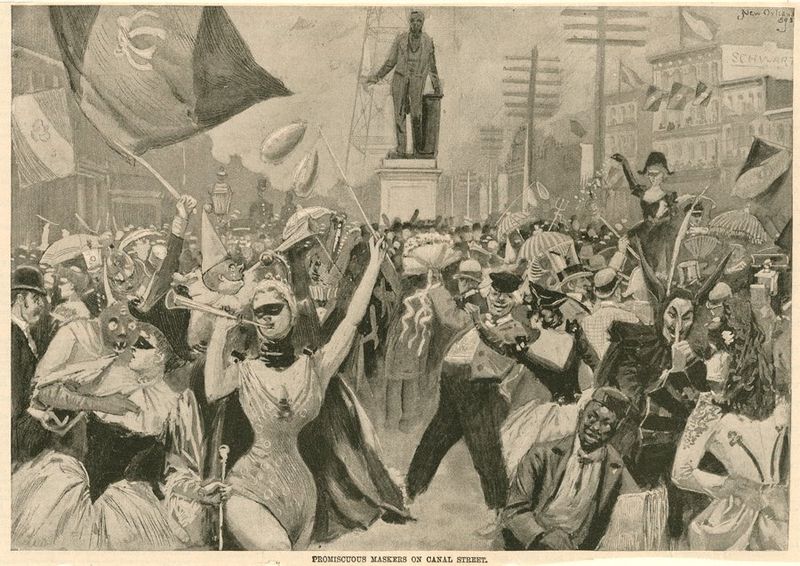 Kristin Holt | Victorian Americans and Mardi Gras. "Promiscuous Maskers on Canal Street, New Orleans Mardi Gras, 1893." Scene of New Orleans Mardi Gras, 1893, with partying street maskers & costumers with the Henry Clay Statue at Canal & Carondelet Streets in the background. Engraving by B. West Clinedinst for Frank Leslie's Illustrated Newspaper. Image: Public Domain, courtesy, Wikimedia.