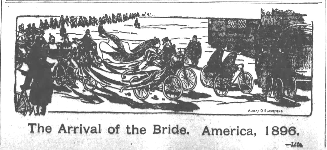 Kristin Holt | Victorian Bicycling Etiquette. Vintage image (etching) header, titled "The Arrival of the Bridxce. America, 1896." Illustration of bide and groom in wedding clothes, arriving on bicycles with wedding party following, also on bicycles.