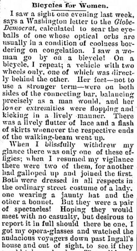 Kristin Holt | Victorian Women on Bicycles. From The Indiana Democrat of Indiana, Pennsylvania, April 5, 1888: Bicycles for Women. Part 1 of 4.