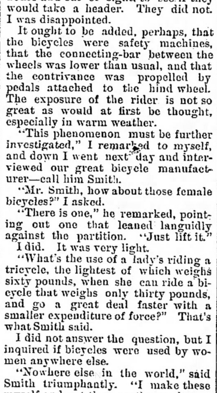 Kristin Holt | Victorian Women on Bicycles. From The Indiana Democrat of Indiana, Pennsylvania, April 5, 1888: Bicycles for Women. Part 2 of 4.
