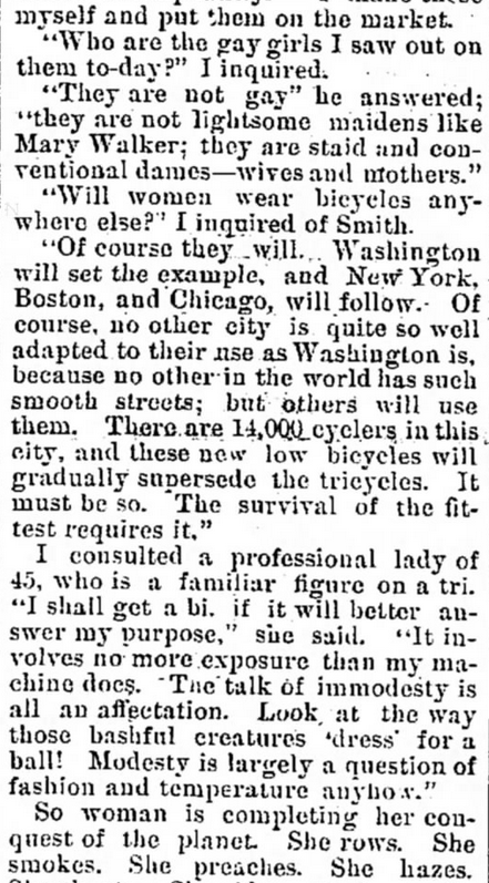 Kristin Holt | Victorian Women on Bicycles. From The Indiana Democrat of Indiana, Pennsylvania, April 5, 1888: Bicycles for Women. Part 3 of 4.