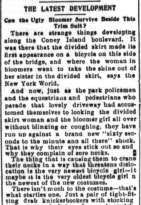 Kristin Holt | Victorian Bicycling Etiquette. 2 of 4. Newspaper article titled: The Latest Development: Can the Ugly Bloomer Survive Beside This Trim Suit?" Los Angeles Herlad, July 14, 1895.