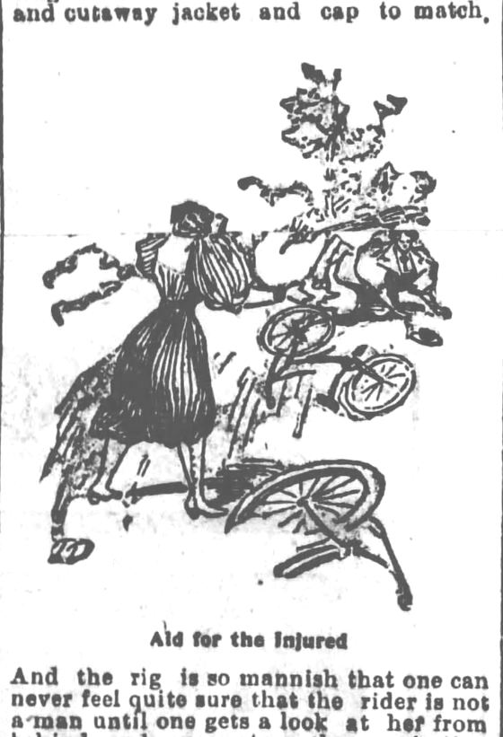 Kristin Holt | Victorian Bicycling Etiquette. 3 of 4. Newspaper article titled: The Latest Development: Can the Ugly Bloomer Survive Beside This Trim Suit?" Los Angeles Herlad, July 14, 1895. Includes vintage illustration (etching) titled "Aid for the Injured."