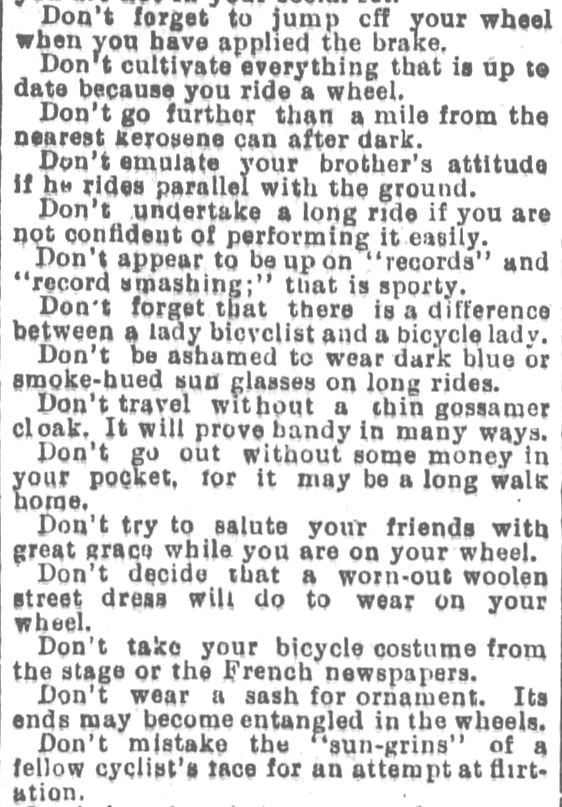 Kristin Holt | Victorian Bicycling Etiquette. 5 of 9. From Los Angeles Herald, July 14, 1895.