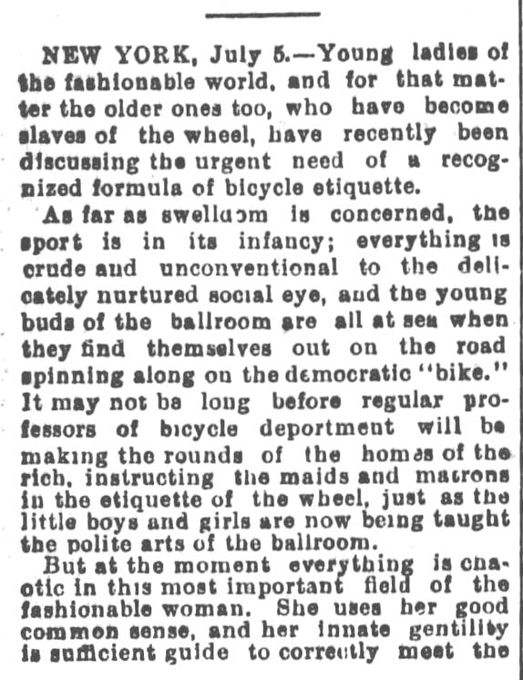 Kristin Holt | Victorian Bicycling Etiquette. 2 of 8. Los Angeles Herald, July 14, 1895.