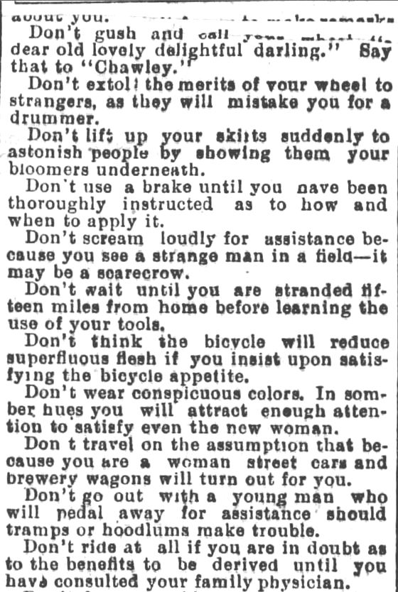 Kristin Holt | Victorian Bicycling Etiquette. 7 of 9. From Los Angeles Herald, July 14, 1895.