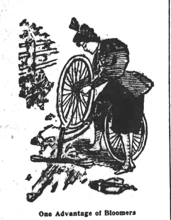 Kristin Holt | Victorian Bicycling Etiquette. Viintage Illustration of a woman fixing her bicycle while wearing Bloomers. Illustration title "One Advantage of Bloomers." Los Angeles Herlad, July 14, 1895.