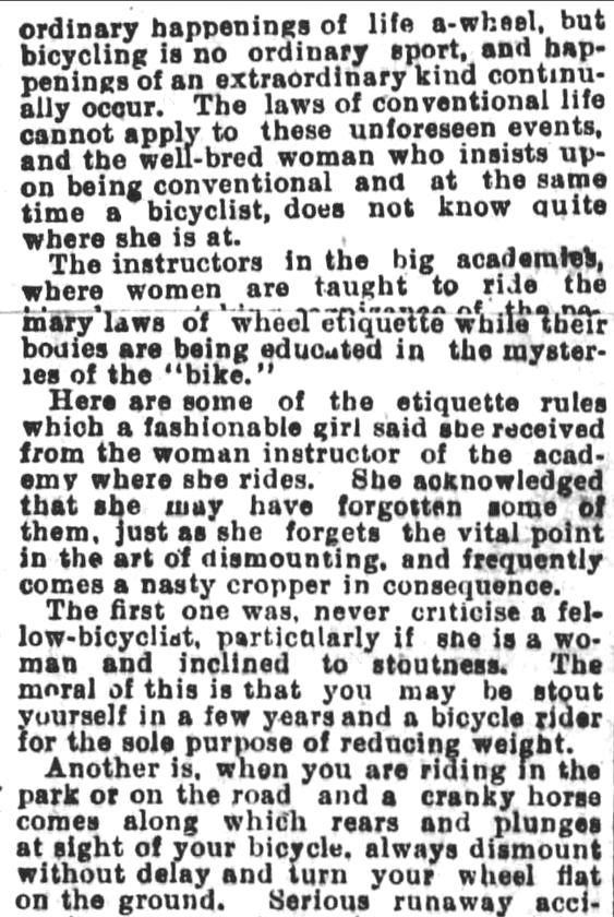 Kristin Holt | Victorian Bicycling Etiquette. 3 of 8. Los Angeles Herald, July 14, 1895.