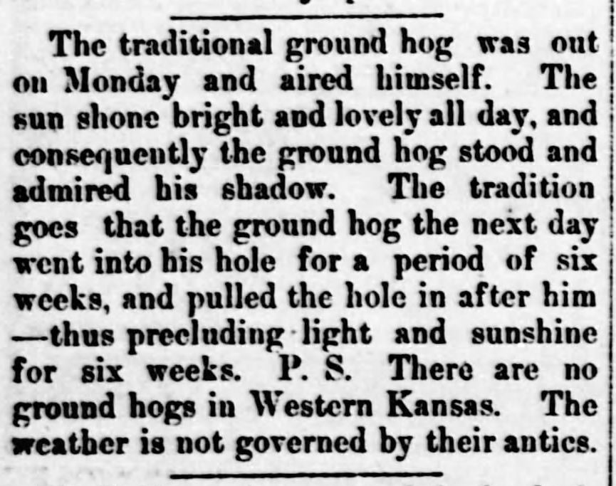 Kristin Holt | Victorian Americans Celebrated Groundhog Day? Groundhog day reported in Dodge City Times of Dodge City, Kansas, February 5, 1885.