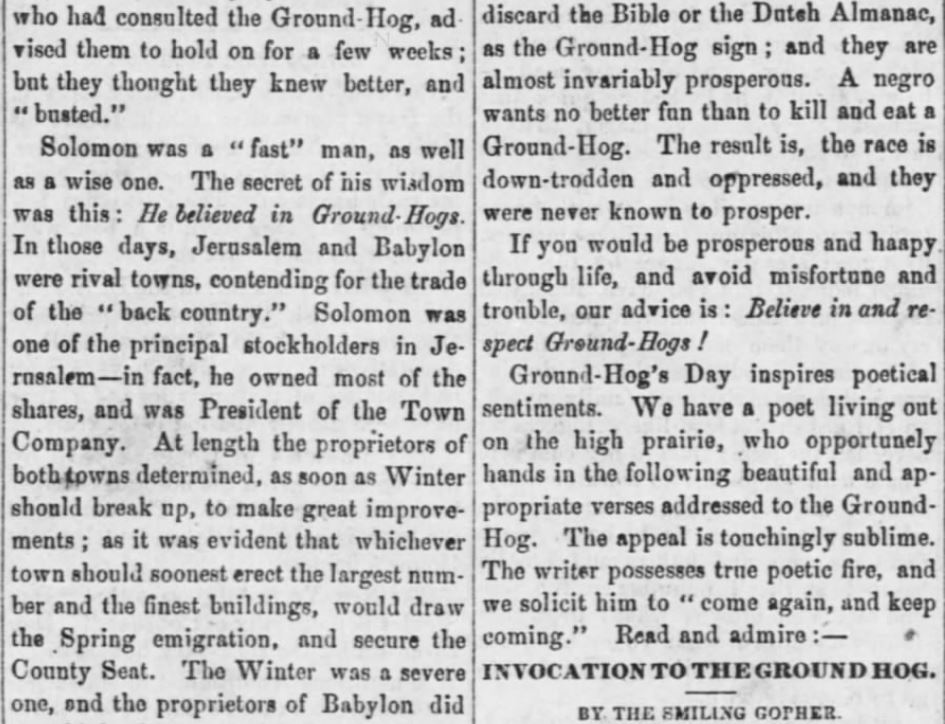 Kristin Holt | Victorian Americans Observed Groundhog Day? Part 3 of 6: Ground-Hog's Day, from White Cloud Kansas Chief Newspaper of White Cloud, Kansas, February 2, 1860.