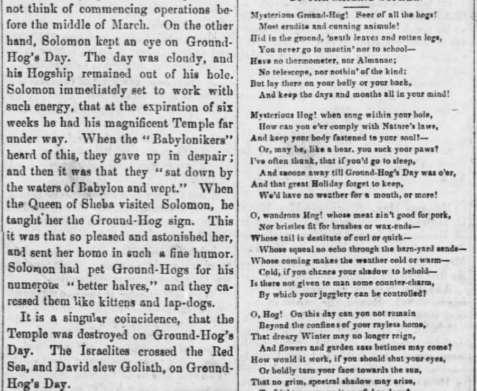 Kristin Holt | Victorian Americans Observed Groundhog Day? Part 4 of 6: Ground-Hog's Day, from White Cloud Kansas Chief Newspaper of White Cloud, Kansas, February 2, 1860.