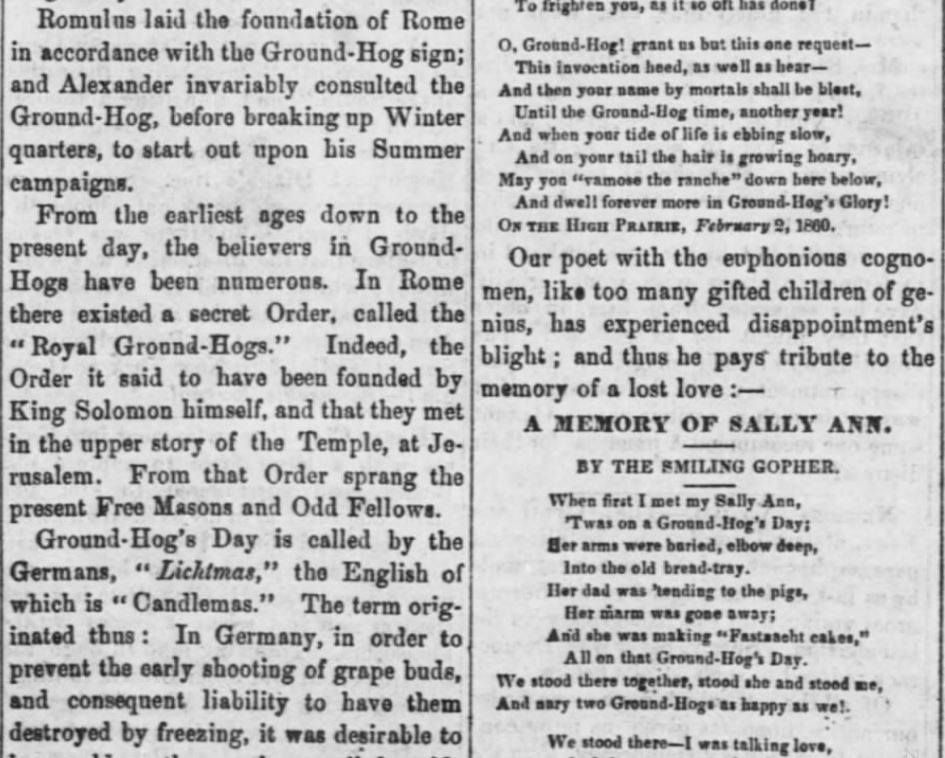 Kristin Holt | Victorian Americans Observed Groundhog Day? Part 5 of 6: Ground-Hog's Day, from White Cloud Kansas Chief Newspaper of White Cloud, Kansas, February 2, 1860.