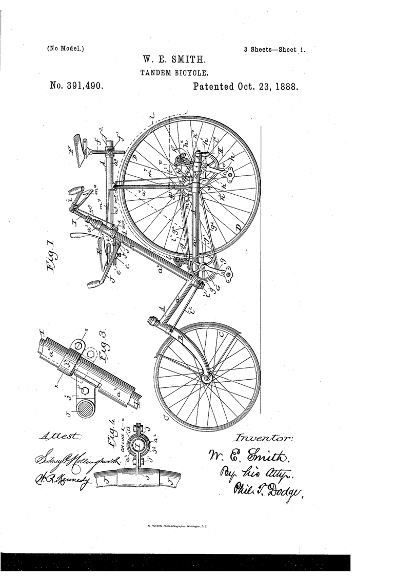 Kristin Holt | Bicycle Built for Two. Patent image: Smith Tandem Bicycle, U.S. Patent No. 391,490, October 23, 1888. Page 1 of 2. Note: rear seat steers.