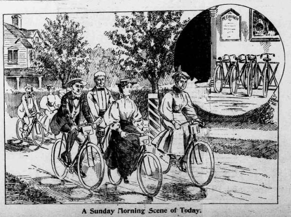Kristin Holt | Victorian Women on Bicyles. 1896 Illustration titled "A Sunday Morning Scene of Today" showing men and women astride safety bicycles, riding in the street. "A Public Service Announcement" from 1896. Image courtesy of Forgotten Stories.
