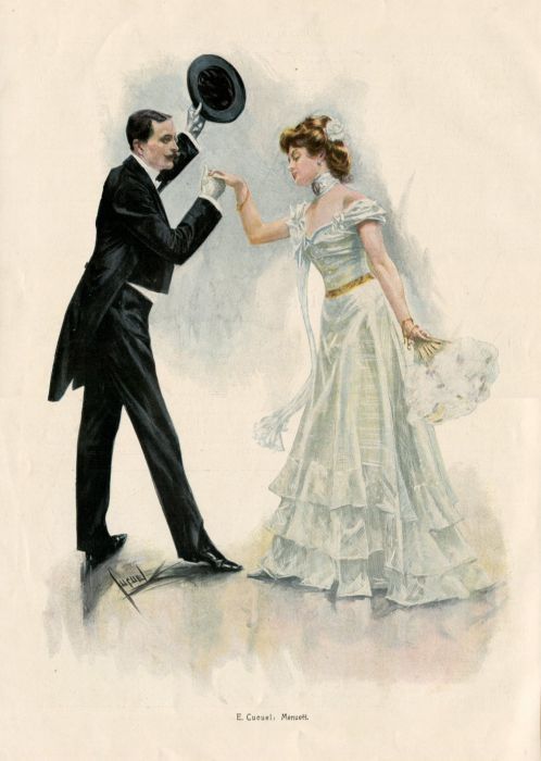 Kristin Holt | Victorian Dancing Etiquette. Artistic color print of gentleman and lady dancing. Image: Pinterest.