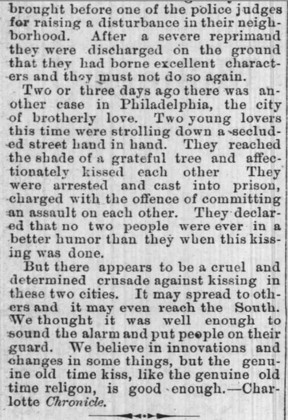 Kristin Holt | Law Forbidding Kissing...on the streets of Mountain Home? "Forbidding Kissing in Public," published in Greensboro North State of Greensboro, North Carolina, July 2, 1891. Part 2 of 2.