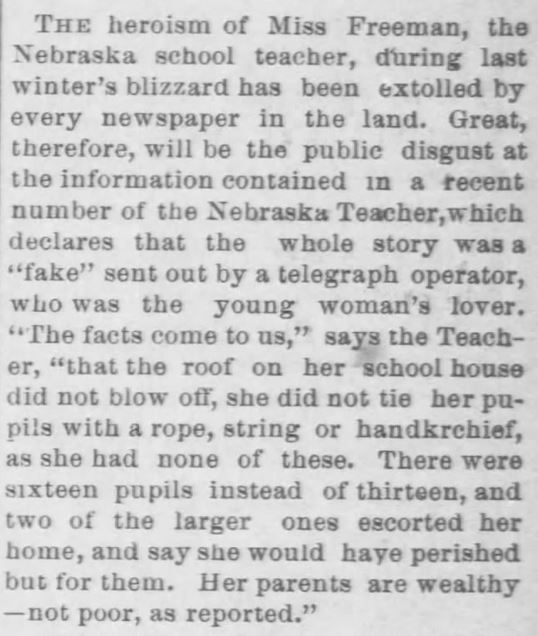 Kristin Holt | Victorian Blizzards, Nonstop in the 1880s. Vintage newspaper claims Miss Freeman (schoolteacher who led the children to safety during the Schoolhouse Blizzard)--was a hoax! From Clark County Republican (newspaper) of Ashland, Kansas, May 17, 1888.