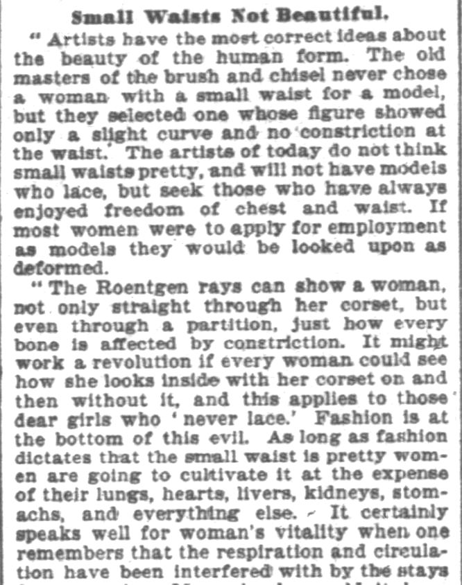 Kristin Holt | Defect in Form: Evils of Tight Lacing (a.k.a. Corsets), 1897. From Chicago Daily Tribune of Chicago, Illinois on April 24, 1897: Shows Defect in Form... may induce women to drop corsets. (Part 9 of 10)