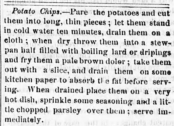 Kristin Holt | Potato Chips in the Old West. Another potato chips recipe, publisshed in the Rocky Mountain Husbandman of Diamond City, Montana on March 9, 1882.