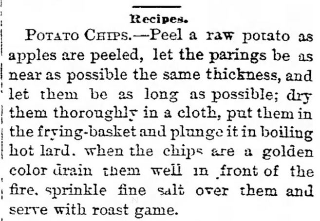 Kristin Holt | Potato Chips in the Old West. How to Make Potato Chips, with serving suggestion. Published in The Marion Star of Marion, Ohio on June 2, 1881.,