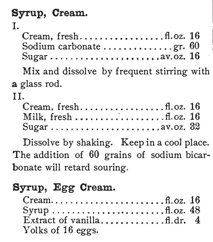 Kristin Holt | Victorian Ice Cream Sodas. Cream Syrup and Egg Cream Syrup recipes listed in The Standared Formulary, 1897.