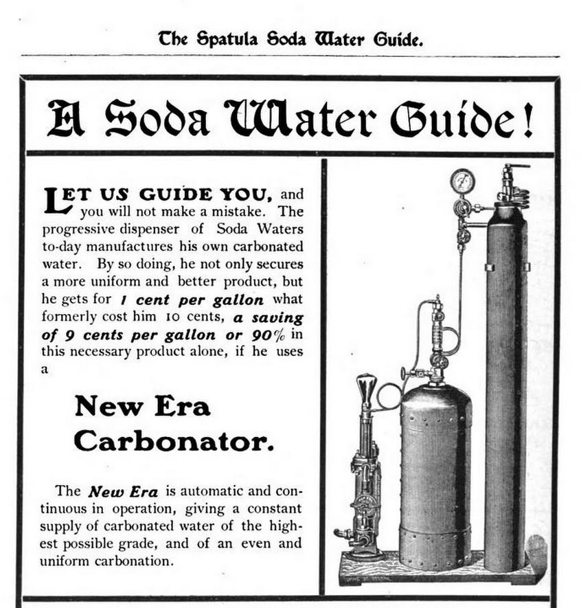 Kristin Holt | The Soda Fountain: Behind the Counter. Vintage Advertisement contained in The Spatual Soda Water Guide (Back Matter, 1901), for New Era Carbonator: automatic and continuous in operation, giving a constant supply of carbonated water of the highest possible grade, and of an even and unfirom carbination."