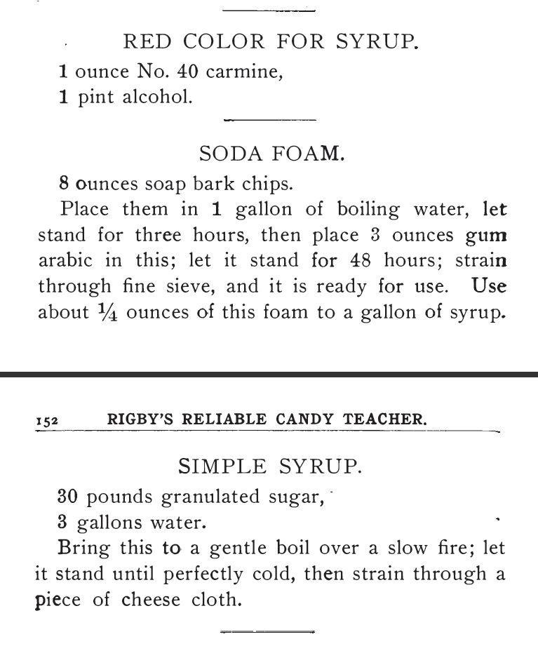 Kristin Holt | The Soda Fountain: Behind the Counter. Recipes for Red Color for Syrup, Soda Foam, and Simple Syrup. Contained in Ribgy's Reliable Candy Teacher and Soda and Ice Cream Formulas, 1909.