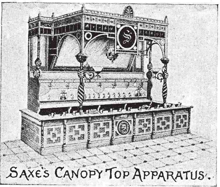 Kristin Holt | The Victorian-era Soda Fountain. Artist's rendition (Victorian etching) of "Saxe's Canopy Top Apparatus (soda fountain)." Illustration appears in the 1894 (10th edition) of Saxe's New Guide -or- Hints to Soda Water Dispensers.