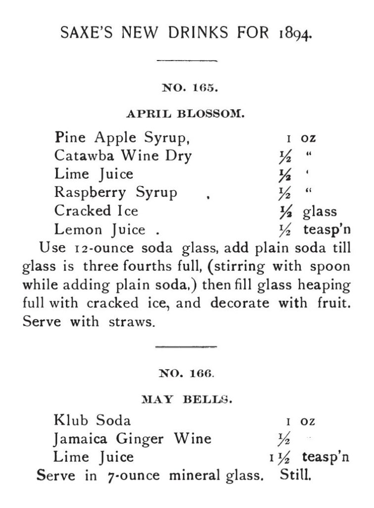 Saxe's New Drinks for 1894: April Blossom and May Bells. Published in Saxe's New Guide or Hints to Soda Water Dispensers, 1894.