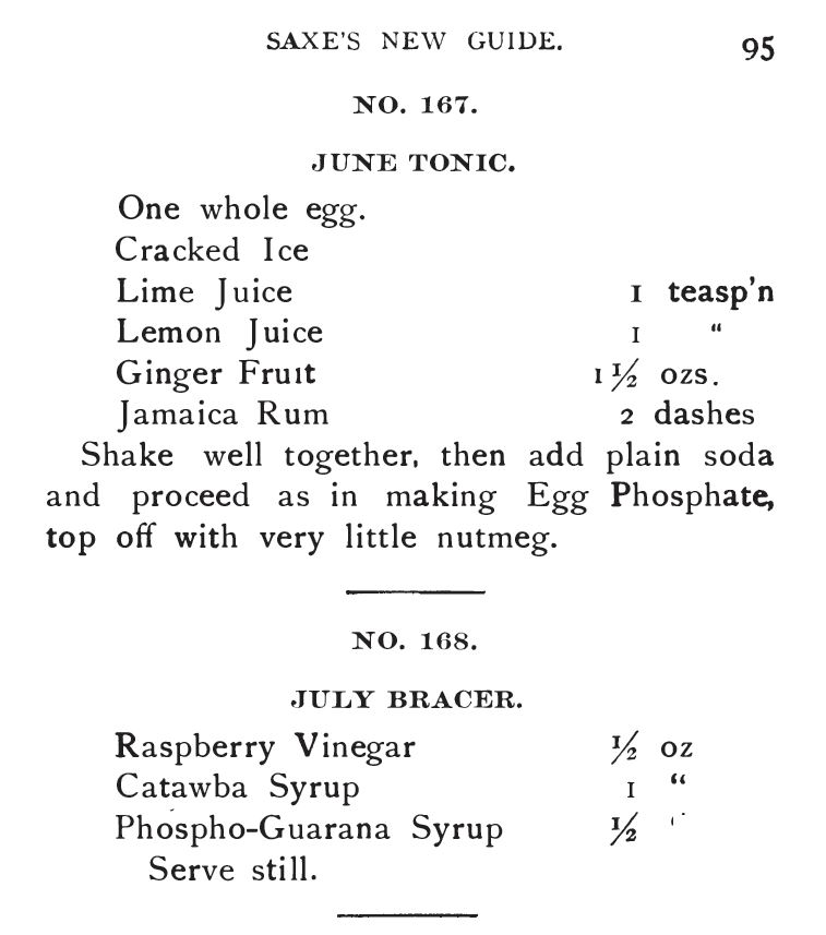 Saxe's New Drinks for 1894: June Tonic and July Bracer. Published in Saxe's New Guide or Hints to Soda Water Dispensers, 1894.