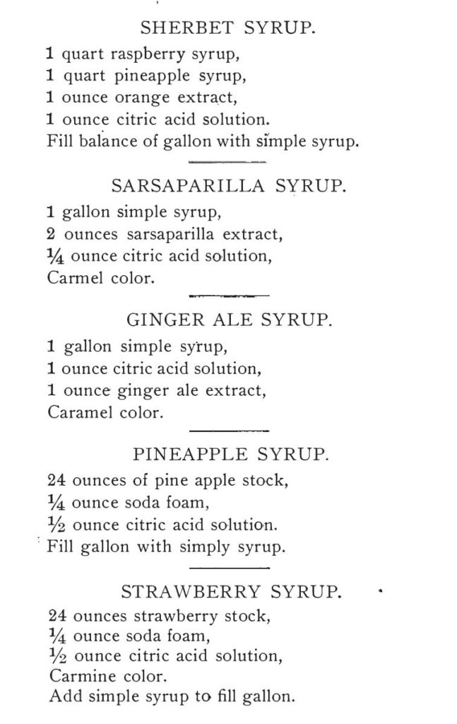 Kristin Holt | The Soda Fountain: Behind the Counter. Soda Formulas for Sherbet Syrup, Sarsaparilla Syrup, Ginger Ale Syrup, Pineapple Syrup, and Strawberry Syrup. Published in Rigby's Reliable Candy Teacher and Soda and Ice Cream Formulas, 1909.