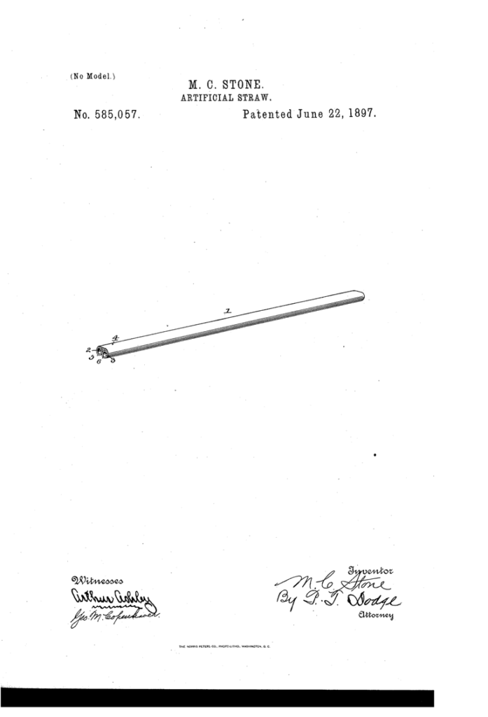 Kristin Holt | Image from US Patent No. 585,057, dated June 22, 1897 for Artifical Drinking Straw with double bore, an improvement over a previously patented product. 