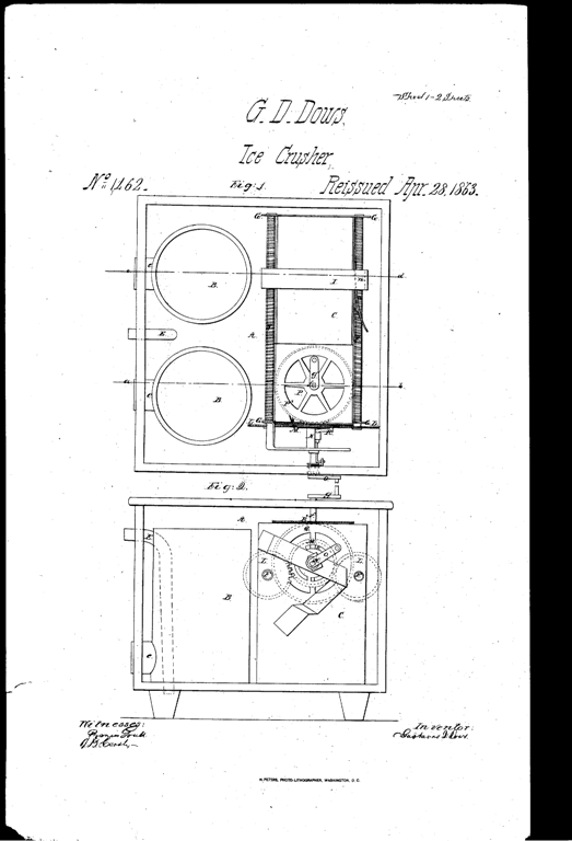 Kristin Holt | The Victorian-era Soda Fountain. Dow's Patent Ice Crusher, patent reissue April 28, 1863. U.S. Reissue Patent No. 146200, vintage illustration.